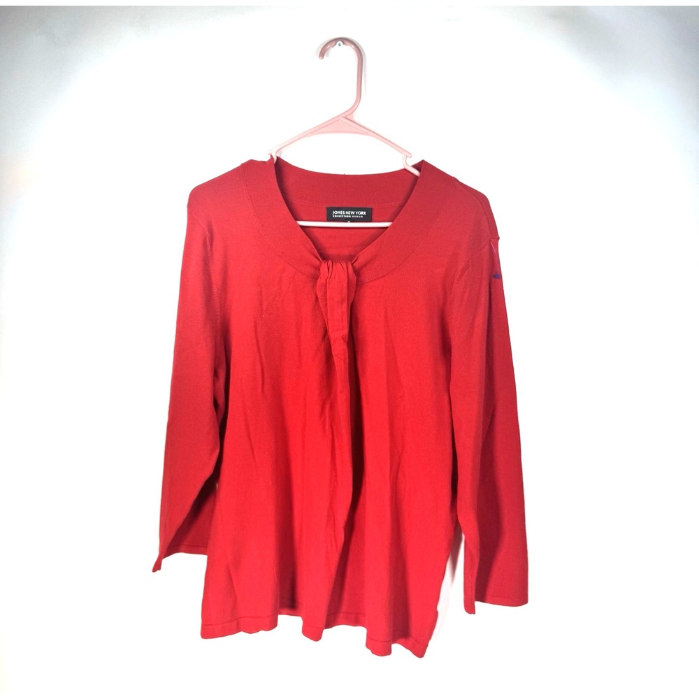 Jones New York Women's Collection Sweater Gathered Tie Neckline, Red Size 1X